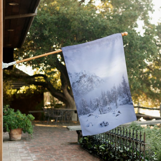 Winter wonderland, fog, spruce forest and mountain house flag (In SItu)