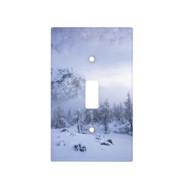 Winter wonderland, fog, spruce forest and mountain light switch cover (Front)
