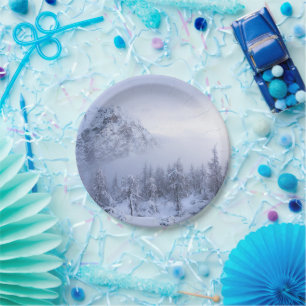 Winter wonderland, fog, spruce forest and mountain paper plates