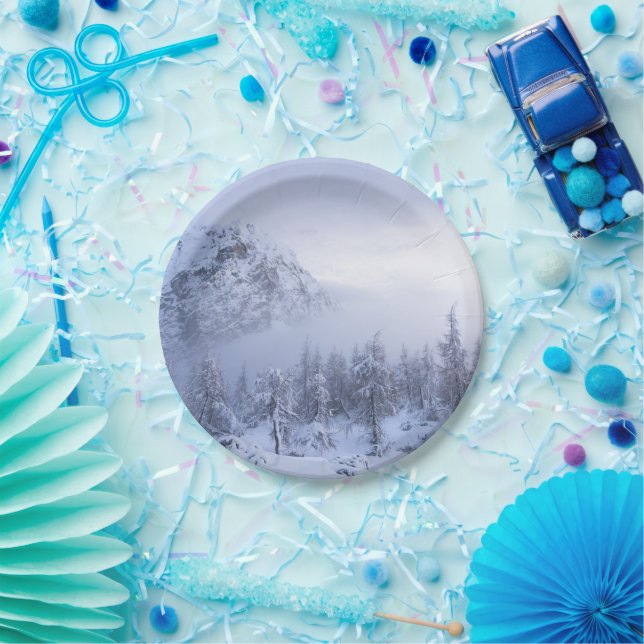 Winter wonderland, fog, spruce forest and mountain paper plates (Party)