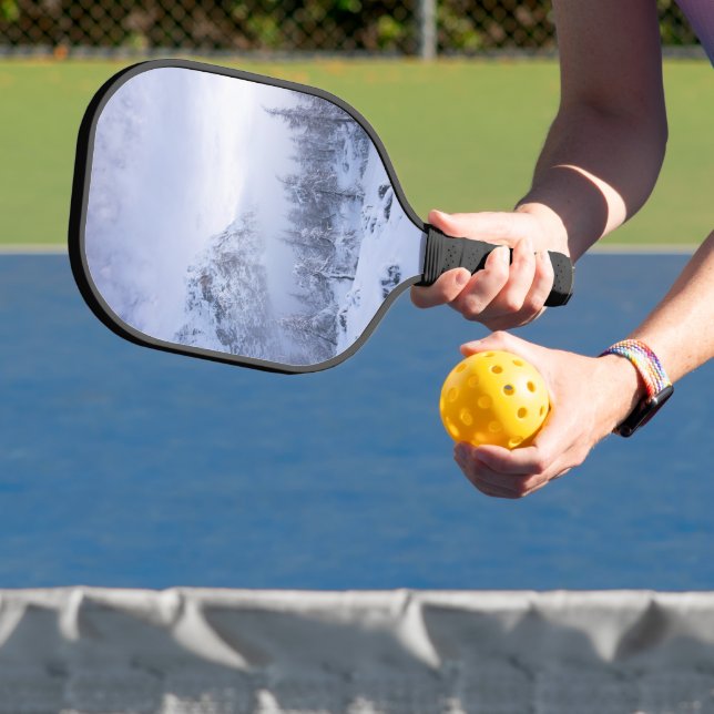Winter wonderland, fog, spruce forest and mountain pickleball paddle (Insitu)