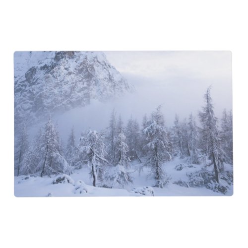 Winter wonderland fog spruce forest and mountain placemat