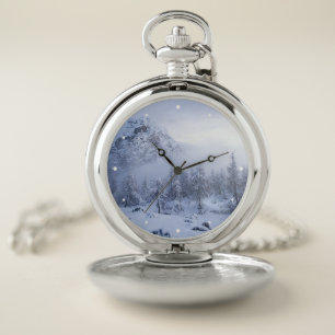 Winter wonderland, fog, spruce forest and mountain pocket watch
