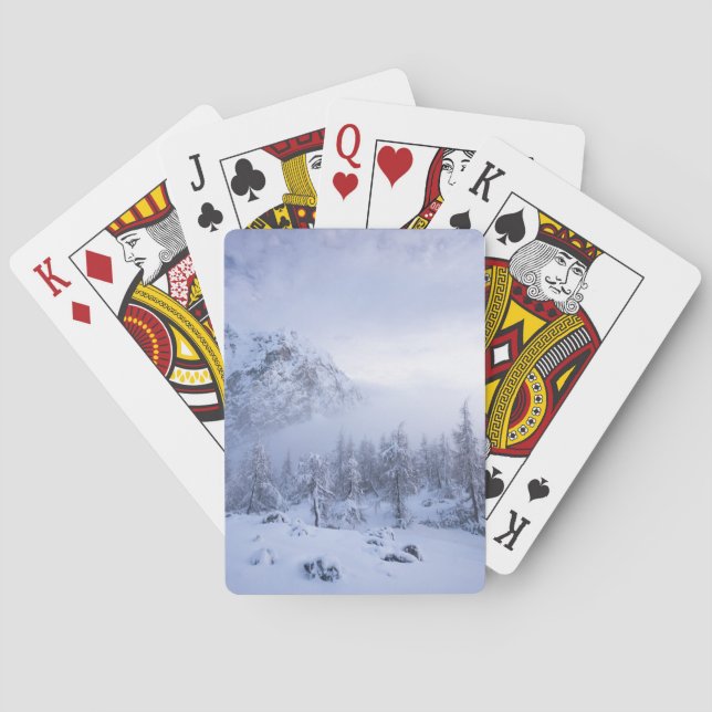 Winter wonderland, fog, spruce forest and mountain poker cards (Back)