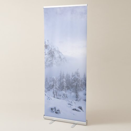 Winter wonderland fog spruce forest and mountain retractable banner