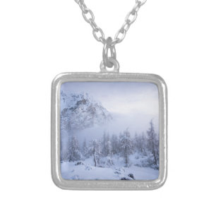 Winter wonderland, fog, spruce forest and mountain silver plated necklace