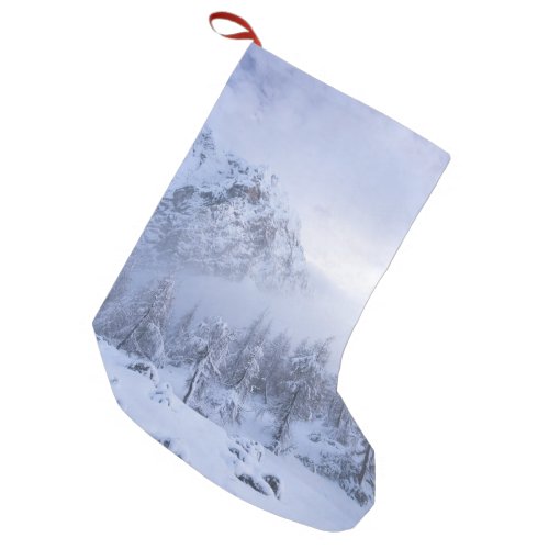 Winter wonderland fog spruce forest and mountain small christmas stocking