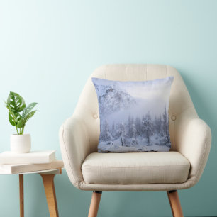 Winter wonderland, fog, spruce forest and mountain throw pillow