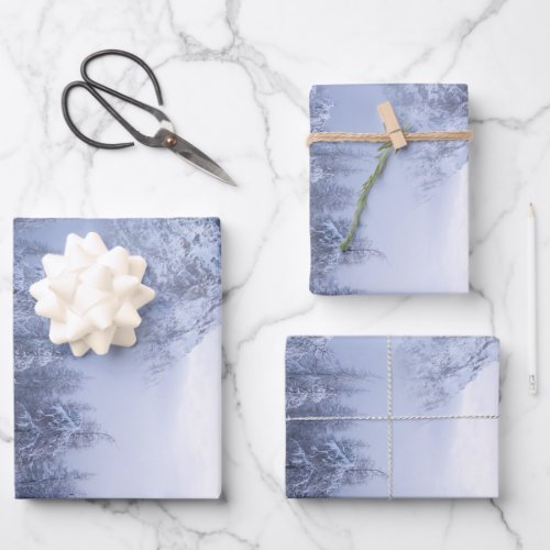Winter wonderland fog spruce forest and mountain wrapping paper sheets