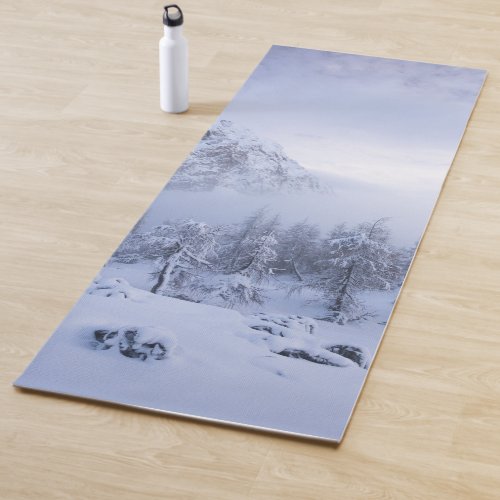 Winter wonderland fog spruce forest and mountain yoga mat