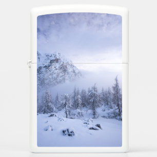Winter wonderland, fog, spruce forest and mountain zippo lighter