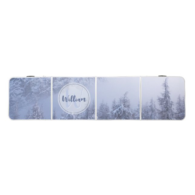 Winter wonderland fog spruce forest snow monogram beer pong table (Top)
