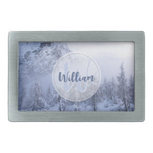 Winter wonderland fog spruce forest snow monogram belt buckle