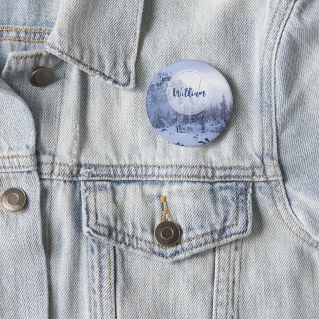 Winter wonderland fog spruce forest snow monogram button (In Situ)