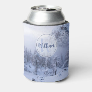 Winter wonderland fog spruce forest snow monogram can cooler