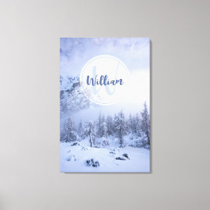 Winter wonderland fog spruce forest snow monogram canvas print