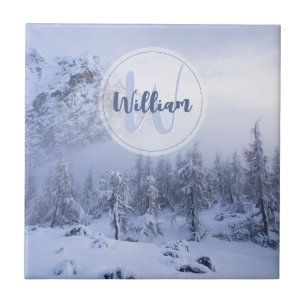 Winter wonderland fog spruce forest snow monogram ceramic tile