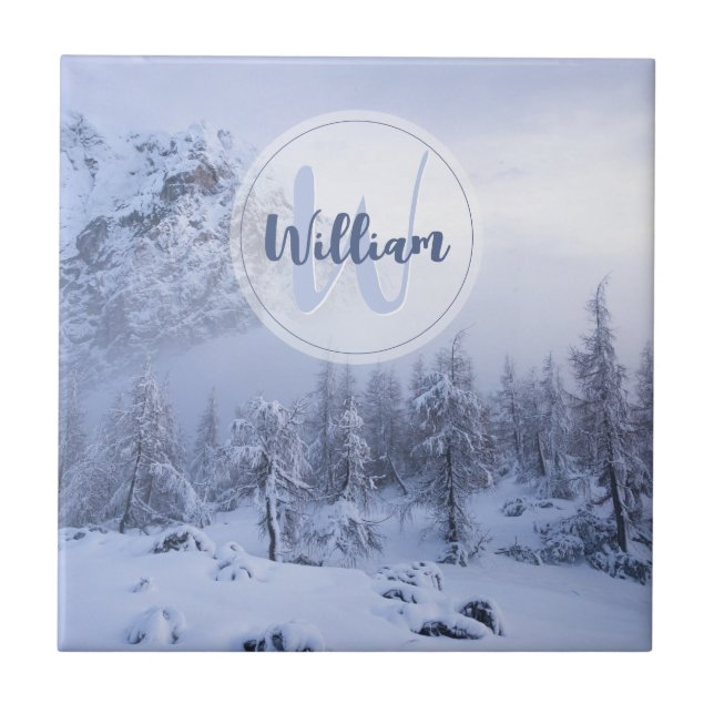 Winter wonderland fog spruce forest snow monogram ceramic tile (Front)