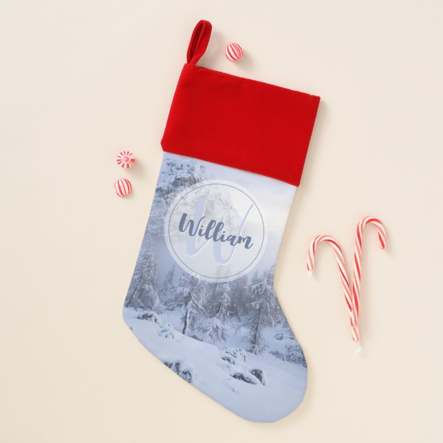 Winter wonderland fog spruce forest snow monogram christmas stocking (Front)
