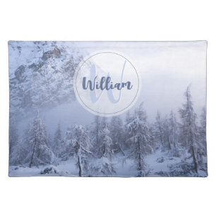 Winter wonderland fog spruce forest snow monogram cloth placemat