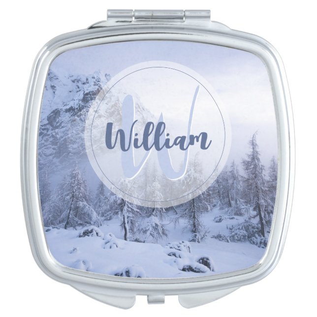 Winter wonderland fog spruce forest snow monogram compact mirror (Front)