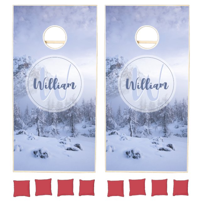 Winter wonderland fog spruce forest snow monogram cornhole set (Set)