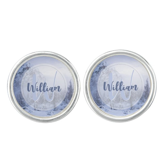 Winter wonderland fog spruce forest snow monogram cufflinks (Front)