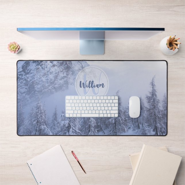 Winter wonderland fog spruce forest snow monogram desk mat (Office 1)