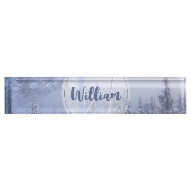 Winter wonderland fog spruce forest snow monogram desk name plate (Front)