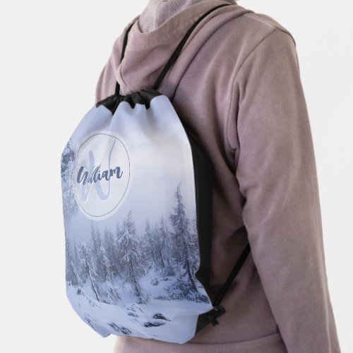 Winter wonderland fog spruce forest snow monogram drawstring bag