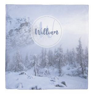 Winter wonderland fog spruce forest snow monogram duvet cover