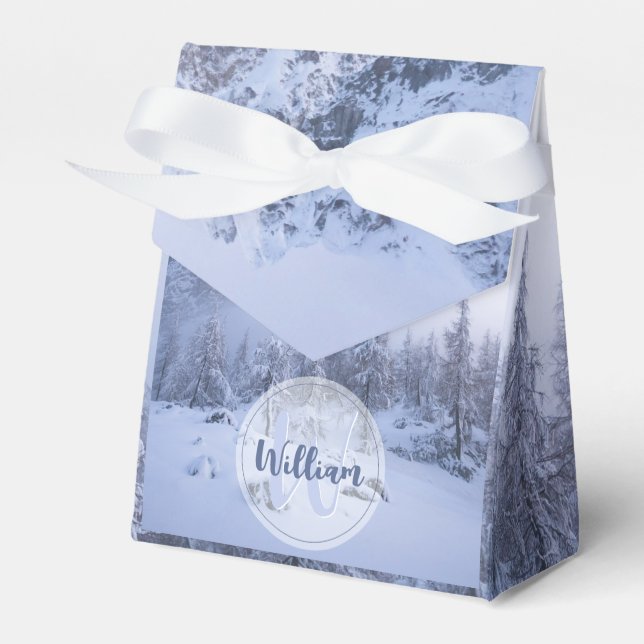 Winter wonderland fog spruce forest snow monogram favor boxes (Front Side)