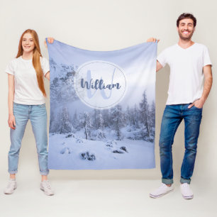 Winter wonderland fog spruce forest snow monogram fleece blanket
