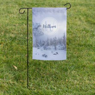 Winter wonderland fog spruce forest snow monogram garden flag