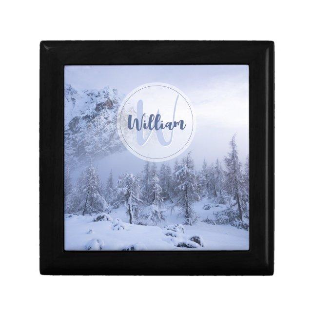 Winter wonderland fog spruce forest snow monogram  gift box (Front)