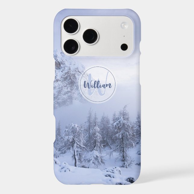 Winter wonderland fog spruce forest snow monogram  iPhone case (Back)
