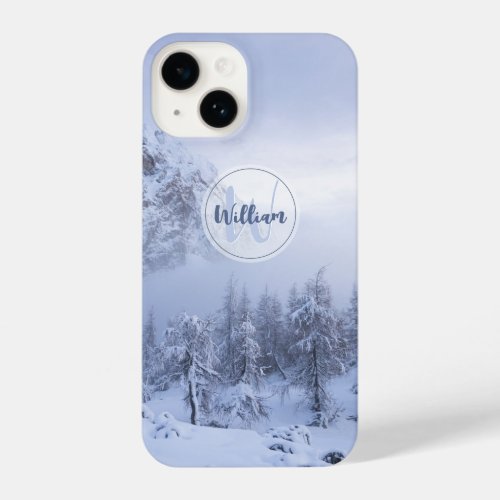 Winter wonderland fog spruce forest snow monogram  iPhone 14 case