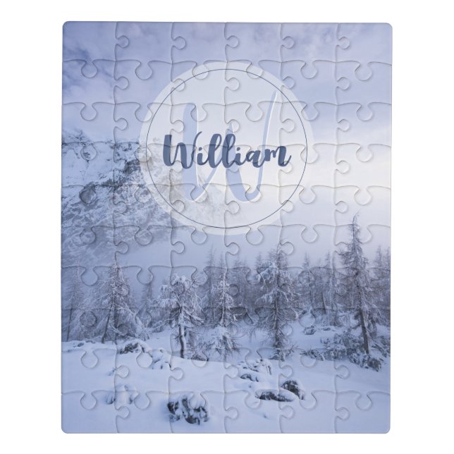 Winter wonderland fog spruce forest snow monogram jigsaw puzzle (Puzzle Vertical)