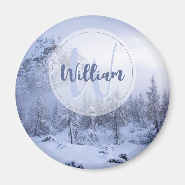 Winter wonderland fog spruce forest snow monogram magnet (Front)