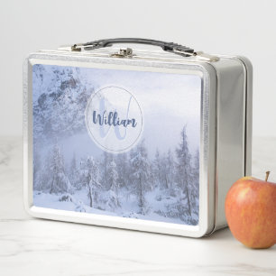 Winter wonderland fog spruce forest snow monogram metal lunch box