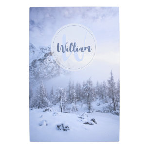 Winter wonderland fog spruce forest snow monogram metal print