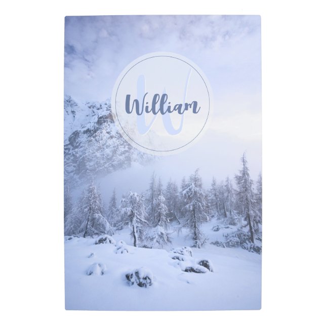 Winter wonderland fog spruce forest snow monogram metal print (Front)