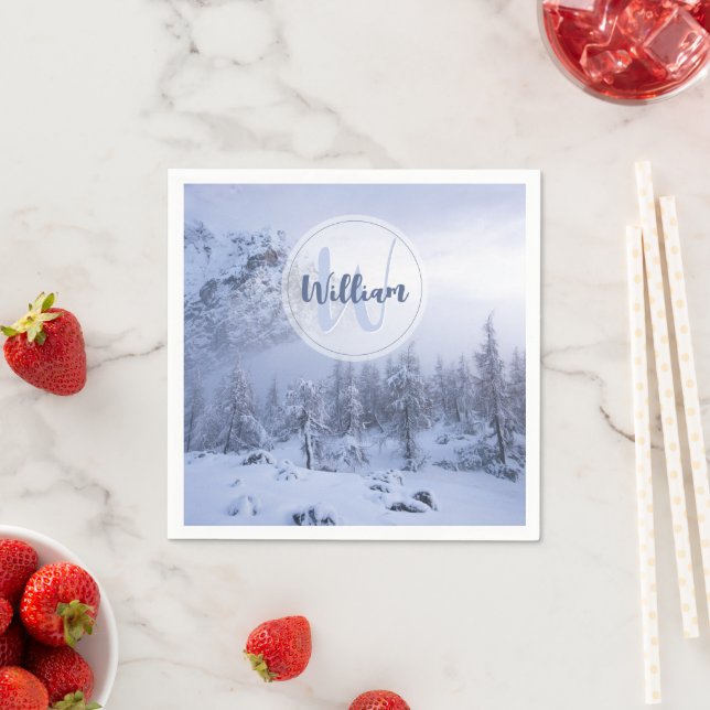 Winter wonderland fog spruce forest snow monogram napkins (Insitu)
