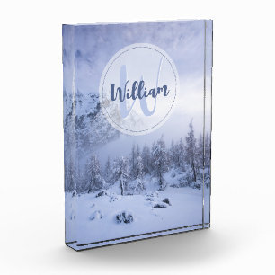 Winter wonderland fog spruce forest snow monogram photo block