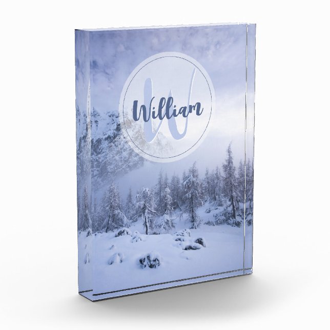 Winter wonderland fog spruce forest snow monogram photo block (Left)
