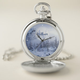 Winter wonderland fog spruce forest snow monogram pocket watch