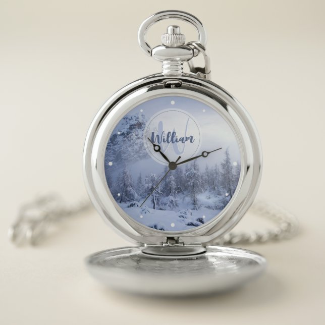 Winter wonderland fog spruce forest snow monogram pocket watch (Inside)