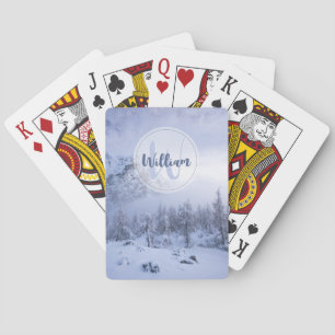 Winter wonderland fog spruce forest snow monogram poker cards