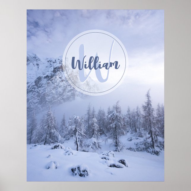 Winter wonderland fog spruce forest snow monogram poster (Front)