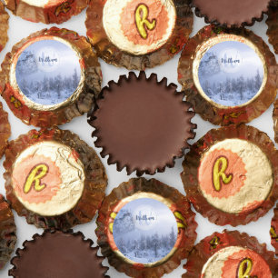 Winter wonderland fog spruce forest snow monogram reese's peanut butter cups